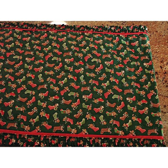 Handmade Christmas Holiday Decor Red Green Ruffled Edges Table Runner 68x13 - Picture 4 of 7